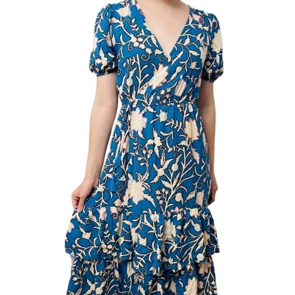 BLUE FLORAL RUFFLED WRAP MIDI DRESS BOHO CHIC SHORT SLEEVE  SZ M TRENDY - Picture 3 of 16